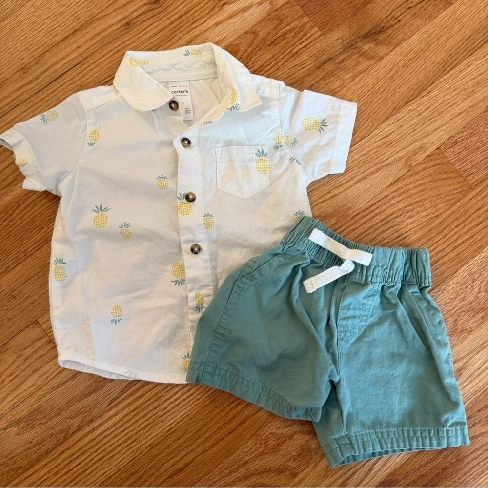 Boys Carter's 9M tropical pineapple print button down shirt and shorts set
